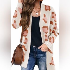Women’s long sleeve, open front, leopard print knitted sweater cardigan